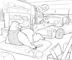 2025 anthro anus ass bear bodily_fluids bondage boog_(open_season) bottomless bound car clothed clothing cum cumshot deer dialogue duo ejaculation english_text female feral garage genital_fluids genitals giselle_(open_season) greyscale gun hi_res hot_dogging looking_back male male/female mammal monochrome open_mouth open_season penis plushie ranged_weapon restraints roleplay rope rope_bondage sex shotgun sony sony_corporation sony_pictures_animation speech_bubble text topwear topwear_only vehicle vest vest_only weapon wugi
