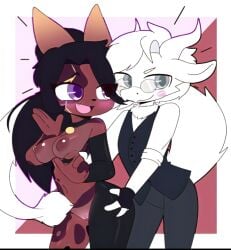 1boy1girl adorable anthro black_hair blush brown_hair clothed_male dragon_boy furry glasses gray_eyes kiss_mark long_ears long_tail looking_at_partner mandoy1o1 naked_female nipples original_character purple_eyes pussy smile white_body