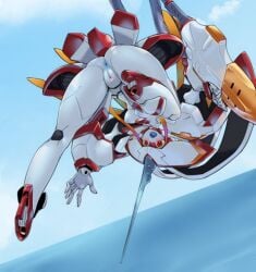 anus_cutout ass breasts censored censored_pussy darling_in_the_franxx female looking_at_viewer mecha pussy robot robot_girl solo spread_legs strelitzia weapon