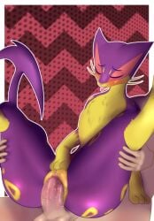 1boy anal animal_ears ass blush cowgirl_position erection female furry half-closed_eyes halftone halftone_background multicolored_skin nude penis polka_dot polka_dot_background purple_skin pussy reverse_cowgirl_position sex solo_focus spread_legs straddling straight tail testicles torn_clothes uncensored vaginal_penetration