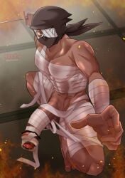 1boy abs absurd_res areolae_visible_through_clothing balls bandage bandage_on_balls bandage_on_face bandage_on_nose bandage_on_penis bandage_over_one_eye bandaged_arm bandaged_chest bandaged_head bandaged_leg bandages bara barefoot battle_stance beefy biceps big_glans big_penis burning censor_bar censored censored_penis collarbone covered_face covered_mouth dark_skin enormous_penis erect_nipples erection feet fire flame foreskin foreskin_folds gay gigantic_penis hi_res high-angle_view holding_weapon huge_cock hunk katana kneeling konnamon_zatto long_penis looking_at_viewer loose_bandages male male_only masculine_male mature_male mottirimoto muscles muscular muscular_arms muscular_legs muscular_male muscular_thighs navel ninja ninja_headband ninja_mask nintama_rantarou no_body_hair pecs penis penis_bigger_than_head pointless_censoring practically_nude quadriceps red_glans sanpaku six_pack small_pupils solo spread_legs sword tatami thick_penis toes tough_guy triceps uncircumcised uncut unretracted_foreskin veiny_penis very_high_resolution yaoi