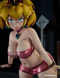 1girls 3d alternate_hairstyle artist_name big_breasts blonde_hair blue_eyes breasts busty cleavage cybrokrimson female female_only hi_res large_breasts leaning_forward long_hair looking_at_viewer mario_(series) midriff navel parted_lips pink_lipstick princess princess_peach skirt smile solo teeth thong tube_top tubetop twintails voluptuous whale_tail