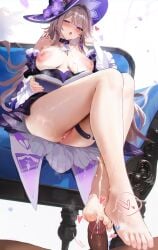 barefoot big_breasts big_hat book breasts breasts_out cum ear ejaculation eyes female foot_fetish footjob girl hair hat honkai:_star_rail lips looking_at_viewer nipples no_underwear pov pussy pussy_visible semen sleeves the_herta_(honkai:_star_rail) thigh_strap thighs