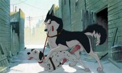 animal building canine city collar day fence leash no_humans outdoors power_lines riding sky standing street tail