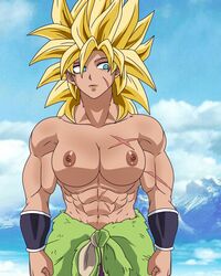 1girls abs big_breasts blue_eyes breasts broly broly_(dragon_ball_super) dragon_ball dragon_ball_super female female_broly green_hair light_skin muscular nipples rule_63 saiyan scar spiky_hair super_saiyan