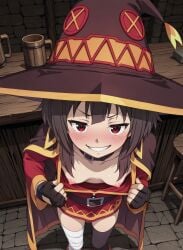 1female 1girls ai_generated bandages bangs breasts_exposed brown_hair cloak clothes_pull female fingerless_gloves flashing flashing_breasts from_above futality gloves indoors kono_subarashii_sekai_ni_shukufuku_wo! konosuba looking_at_viewer megumin nipples off_shoulder_dress pulling_own_clothes pulling_shirt_down red_dress red_eyes shirt_pull short_hair side_bangs small_breasts smirk smug solo tavern teeth thighhighs witch_hat young young_female