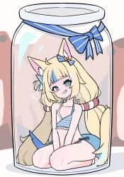 1girls blonde_hair blue_eyes cat_ears cum_jar_(meme) female funny indie_virtual_youtuber light-skinned_female moral_cacoethes sameko_saba solo swimsuit thick_thighs virtual_youtuber