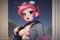 1girls ai_generated artist_name bag black_choker black_eyes breasts choker collarbone flashing goggles goggles_on_head gradient_hair grey_jacket hi_res hood jacket long_sleeves looking_at_viewer medium_breasts multicolored_hair night night_sky nipples no_bra open_clothes open_jacket open_mouth outdoors pink_hair purple_hair ramona_flowers rule34lab scott_pilgrim scott_pilgrim_takes_off short_hair sky solo star_\(sky\) starry_sky teeth tongue tongue_out tree two-tone_hair upper_body upper_teeth_only