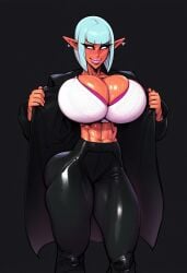 abs ai_generated athletic athletic_female big_ass big_breasts big_butt big_titties bimbo bimbo_body bimbo_lips black_coat bob_cut bra bubble_ass bubble_butt cleavage dark-skinned_female elana_eyrt(oc) fit_female glowing_eyes light_blue_hair long_coat muscles muscular_female navel_piercing oc original_character pointy_ears rampage0118_(style) standing tight_clothes tight_clothing tight_pants white_eyes