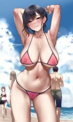 armpits arms_up ass_visible_through_thighs beach big_breasts bikini black_eyes black_hair blue_eyes blue_sky blush blushing_female body_paint bodypaint breasts exhibitionism exhibitionist exposed_breasts exposed_nipples exposed_pussy eyebrows_visible_through_hair eyes_visible_through_hair false_clothes female female_focus female_pubic_hair high_quality high_resolution highres horny horny_female jack_dempa large_breasts looking_at_viewer miyamae_shiho_(jack_dempa) mole mole_on_breast mole_under_eye naked_paint navel nipples no_bra no_panties original painted_breasts painted_clothes pink_bikini pink_bikini_bottom pink_bikini_top presenting_armpit pubic_hair public public_exposure public_indecency public_nudity pussy_juice short_hair shorts smiling smiling_at_viewer solo_focus sweat sweatdrop sweating swimsuit thick_thighs thighs tying_hair