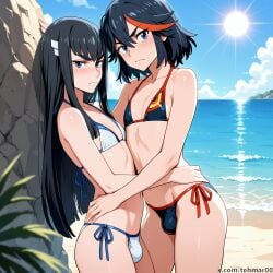 2boys ai_generated beach bikini black_hair blue_eyes blush bulge femboy flat_chest genderswap_(ftm) hugging kill_la_kill kiryuuin_satsuki long_hair looking_at_viewer male matoi_ryuuko multicolored_hair rule_63 sand sea sky sunlight tagme tehmar trap yaoi