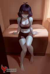 1girls 2d ai_generated ass barefeet big_ass big_breasts blue_skin bra breasts closed_eyes deltarune erophoenix feet female female_focus full_body kris_(deltarune) kris_female_(deltarune) looking_at_viewer midriff navel neutral_expression panties patreon_username solo solo_female sweat thick thick_thighs toes uncensored underwear