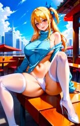 1girls ai_generated anime anime_girl attractive babe belly_button bimbo brown_eyes busty_female curvy drink fairy_tail fantasy female_only inviting_to_fuck large_breasts lipstick lucy_heartfilia naughty_face off_shoulder outdoors panties parasol restaurant seductive seductive_pose sexy side_ponytail sitting spread_legs spreading stable_diffusion sweater table thick_thighs toongenai umbrella virgin_killer_sweater voluptuous_female witch wooden_table young