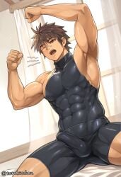 1boy abs armpits arms_up ass_visible_through_thighs balls_under_clothes bandaid bandaid_on_nose bed bedroom beefy biceps big_breasts big_bulge bodysuit brown_eyes brown_hair bulge bulge_through_clothing clenched_hand curtains dutch_angle ebitendon eight_pack erection erection_under_clothes gay genital_outline hi_res hunk male male_breasts male_only mature_male morning morning_wood muscles muscular muscular_arms muscular_legs muscular_male muscular_thighs navel one_eye_closed oppai original original_character pecs quadriceps shaved_armpit short_hair sitting six_pack sleeveless spiky_hair spread_legs tight_clothing torakichi_(ebitendon) torakitchen tough_guy triceps turtleneck waking_up window yaoi yawn