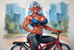 abs ai_generated ass athletic big bimbo blue body bra breasts bubble clothes clothing dark-skinned ear elana elana_eyrt elana_eyrt(oc) eyeshadow eyrt female fseekerw hair light lips muscles muscular navel oc original_character pants piercing pointy standing tight titties white
