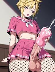 1boy ai_generated artificial_vagina cloud_strife crop_top cum femboy fishnets lolipop masturbation pantyhose rolling_eyes sagging_balls serafuku