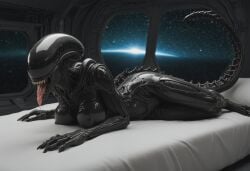 ai_generated alien alien_(franchise) alien_girl beautiful big_breasts black_body breasts drooling female female_focus female_only femomorph fit fit_female in_heat laying_down laying_on_bed looking_at_viewer posing posing_for_the_viewer realistic seductive seductive_look seductive_smile sexy sexy_body sexy_pose spaceship_interior tail tits_out voluptuous wide_hips xenomorph