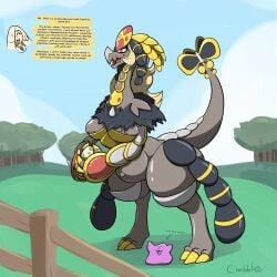 after_transformation blonde_hair chabble claws cynthia_(pokemon) dialogue ditto ditto_(pokemon) dragon dragon_girl egg fence holding_egg holding_object kommo-o lusamine_(pokemon) neck_fluff pokemon pokemon_(species) pokemon_only post_transformation pregnant tail text transformation worried_expression