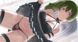 arm_strap assertive assertive_female asymmetrical_hair bare_shoulders black_choker black_clothes black_dress black_gloves black_panties black_thigh_strap black_underwear blue_eyes blush bodily_fluids breasts choker cleavage clothes_lift clothes_pull clothing dress dress_lift dress_pull extremely_large_filesize female female flashing frieren_beyond_journey's_end gloves green_hair hair_between_eyes halterneck hews_hack high_resolution inner_thighs large_filesize lifted_by_self long_hair looking_at_viewer medium_breasts navel o-ring o-ring_choker pantsu png ponytail purple_eyes side_ponytail single_horizontal_stripe sketch_background sleeveless sleeveless_dress smile solo sousou_no_frieren sweat thigh_strap thong tied_hair ubel_(sousou_no_frieren) underwear upskirt very_high_resolution