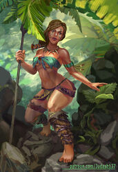 abs amazon armpits bandeau bare_shoulders barefoot bikini_top blonde_hair breasts cleavage dark_skin female highres judash137 jungle large_breasts legs lips loincloth long_hair looking_at_viewer muscle nature navel revealing_clothes shiny shiny_skin smile solo spear tattoo thighs toned tribal tribal_tattoo weapon