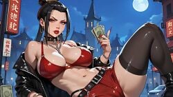 1girls ai_generated asian asian_bimbo asian_female avatar_legends avatar_the_last_airbender azula black_hair black_jacket bra bracelets cameltoe cash collar eyeshadow female female_focus female_only large_breasts leather_belt leather_jacket lipstick long_fingernails long_nails looking_at_viewer makeup midriff money navel neck_chain night night_sky open_jacket prostitute prostitution red_bra red_breasts red_shorts revealing_clothes short_shorts shorts skimpy_clothes stockings thighhighs wallpaper
