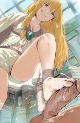1boy 2girls :3 =_= ashikoki barefoot breasts brooch cleavage cloak clothing elf erection extremely_large_filesize feet female foot_focus frieren frieren_beyond_journey's_end genital_fluids grin hair_tubes hews_hack high_resolution indoors jewelry large_filesize large_penis library long_hair looking_at_another low-tied_long_hair male motion_blur multiple_girls navel parted_lips penis png pointed_ears semen semen_on_body semen_on_feet serie_(sousou_no_frieren) shorts smile solo_focus sousou_no_frieren thighs tied_hair very_high_resolution viewed_from_below