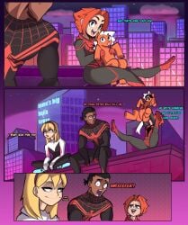 1boy 1girls black_body black_hair black_skin blonde_female blonde_hair blue_eyes blush blush caucasian caucasian_female dgoger green_eyes gwen_stacy horn horse marvel marvel_comics mayday_parker miles_morales monster_boy muscular muscular_male orange_hair smaller_female spider-girl spider-gwen spider-man_(series) taller_male unicorn