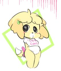 animal_crossing anthro blush blush_stickers bottomless bow breasts canid canine canis clothed clothing domestic_dog female fur hair isabelle_(animal_crossing) low_res mammal nintendo pussy shih_tzu simple_background solo toy_dog vallycuts video_games yellow_fur