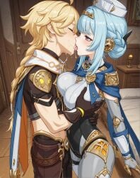 1girls aether_(genshin_impact) ai_generated android big_breasts breasts fat_ass female genshin_impact gloves holding ineffa_(genshin_impact) kissing mihoyo pleasure_face retron_wolf saliva short_hair thick_thighs