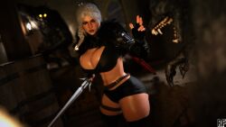 3d big_breasts braid breasts cd_projekt_red ciri clothing curvy_female female fight freckles green_eyes light-skinned_female looking_at_viewer mascara monster rude_frog scar sword the_witcher_(series) the_witcher_4 werewolf white_hair