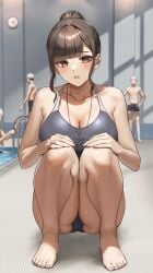 1girls 2023 3boys anteiru anteiru3939 big_breasts brown_eyes brown_hair cameltoe coach crouching crouching_female female_human fit_female fujisaki_honami human large_breasts light-skinned_female looking_at_viewer mature_female original pool poolside squatting swimsuit swimwear teacher teacher_and_student thick_thighs