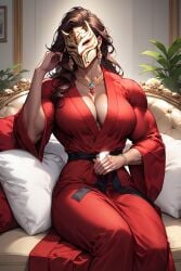 ai_art ai_generated ai_hands american brown earrings female generated girl gold hair hands irma_wilson jewel lipstick looking_at_viewer mask mask_on_face milf mommy muscular muscular_female original original_character red_robe sevalgold sitting sofa solo