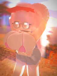 3d abdomen abdominals abs arnie_(cuteskyler) big_ass big_breasts biting_clothes booty_shorts cap choker comic_background cuteskyler fluffy fluffy_hair gigantic_breasts glasses huge_ass huge_breasts huge_hair large_ass large_breasts large_hair looking_away massive_breasts massive_hair minecraft pink_eyes pink_hair ponytail ripped_clothing ripped_clothing ripped_jeans ripped_pants ripped_shorts shorts squish squishing_breasts sunlight sunset tagme tight_clothes tight_clothing tight_fit tying_hair white_skin