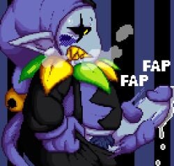 blush bodily_fluids breath clothed clothing darkner deltarune digital_media_(artwork) drooling english_text erection fool's_hat genital_fluids genitals gloves hair handwear hat headgear headwear humanoid humanoid_genitalia humanoid_penis humanoid_pointy_ears imp jester jester_outfit jevil_(deltarune) low_res male mammal masturbation not_furry onomatopoeia panting penile penile_masturbation penis pixel_(artwork) pointy_ears precum pubes saliva sharp_teeth simple_background solo sound_effects tail teeth text undertale_(series) yoshimister