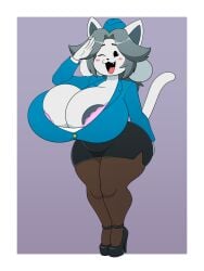 3:4 anthro areola areola_slip big_breasts blush bottomwear bra bra_slip breasts clothing female flight_attendant flight_attendant_hat flight_attendant_uniform footwear gesture hi_res high_heels huge_breasts legwear nervous_smile one_eye_closed raki_boi salute shoes skirt smile solo standing stockings temmie_(undertale) thick_thighs undertale undertale_(series) underwear wink