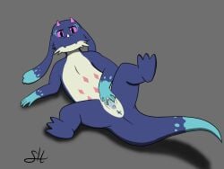 4:3 absurd_res anus dragon feirune female floppy_ears genitals grey_background hi_res markings mythological_creature mythological_scalie mythology presenting presenting_vulva purple_body purple_sclera scalie simple_background sliver so_i'm_a_spider_so_what? solo spots spotted_markings spread_legs spreading tail tail_markings vulva