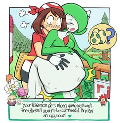 2girls ? bag belly belt blush breasts brown_hair clothed dr-worm egg fetal_movement gardevoir green_hair human lewdlemage may_(pokemon) nintendo nude outdoors pokemon pokemon_(species) pokemon_rse pokephilia pregnant ready_to_pop sex short_hair source_request stomach_bulge surprised text uncomfortable