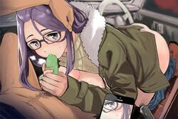 arai_kei bangs_pinned_back black-framed_eyewear breasts breasts_out car_interior cellphone condom condom_on_penis fellatio fur_trim glasses jacket kagamihara_sakura long_hair megane no_panties oral pants_down phone purple_eyes purple_hair safe_sex shirt_lift smartphone sweater wearing_condom yurucamp