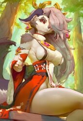 -_-abc 1girls ai_generated cosplay ears_down female genshin_impact hellhound helluva_boss looking_down loona_(helluva_boss) shrine_maiden solo solo_female solo_focus thick_thighs thighs tits white_fur wolf wolf_girl yae_miko_(genshin_impact)