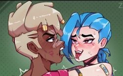 ekko_(league_of_legends) jinx_(league_of_legends) kiss_mark patreon_reward saliva sweat teaser zaxton