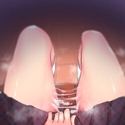 1girls absurdres close-up female highres kneehighs looking_down minamoto original pov pussy_juice pussy_juice_trail school_uniform sitting skirt solo thighs