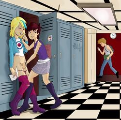 2girls biting_finger blonde_hair blush boots brown_hair canon_couple clothing female female_only finger_biting fingering knee_boots lesbian_couple locker luna_loud masturbation multiple_girls pants_down plaid_skirt public pussy sam_sharp school short_hair skirt straight_hair the_loud_house yuri