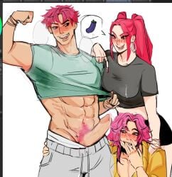 1girls 2boys abby_(kpop_demon_hunters) abs bara blushing bodybuilder clothed cum cum_drip cum_in_mouth cum_on_breasts cum_on_clothes cum_on_face eating_cum exibitionism happy_trail heart-shaped_pupils kpop_demon_hunters mira_(kpop_demon_hunters) netflix penis pink_hair polyamory romance_(kpop_demon_hunters) showing_off sony_pictures_animation sweat