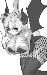 arched_back arching_back arm_under_breasts armwear big_breasts blaire_rune blairevt breasts bunny_costume bunny_ears bunny_girl bunny_tail bunnysuit demon demon_girl demon_horns devil devil_horns fishnets hand_on_head large_breasts looking_at_viewer monochrome on_knees pinky_out seductive_pose short_hair suggestive_gesture thick thick_thighs thighhighs thighs