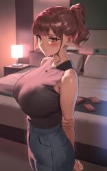 1girls 2025 anteiru anteiru3939 bed big_breasts blush breasts brown_eyes brown_hair coach condom condom_box embarrassed female female_human fit_female fujisaki_honami hotel hotel_room human imminent_sex large_breasts light-skinned_female light_skin mature_female original paid_reward_available slim_waist teacher thick_thighs wide_hips