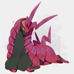 1:1 2025 arthropod big_breasts black_body black_countershading black_eyes blush breasts busty_feral countershading digital_media_(artwork) exoskeleton female feral front_view generation_5_pokemon heart_symbol hi_res horn kame_3 looking_at_viewer lying nintendo nipples pokemon pokemon_(species) purple_body red_body red_exoskeleton scolipede simple_background solo white_background yellow_sclera