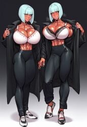 abs ai_generated athletic athletic_female big_ass big_breasts big_butt big_titties bimbo bimbo_body bimbo_lips black_coat bob_cut bra bubble_ass bubble_butt civitai cleavage dark-skinned_female elana_eyrt(oc) fit_female glowing_eyes light_blue_hair long_coat muscles muscular_female navel_piercing oc original_character pointy_ears rampage0118 rampage0118_(style) standing tagme tight_clothes tight_clothing tight_pants white_eyes