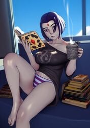 1girls alternate_breast_size big_breasts book breasts casual cleavage clothing dc dc_comics female female_only human john_doe large_breasts looking_at_viewer mug nipples_visible_through_clothing pale_skin panties rachel_roth raven_(dc) solo straight_hair teen_titans