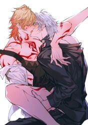 2boys abs antenna_hair apron arm_tattoo black_apron black_choker black_pants black_shirt blonde_hair blush braid chest_tattoo choker closed_eyes collared_shirt facial_tattoo french_kiss gradient_hair hair_between_eyes hashtag-only_commentary honkai:_star_rail honkai_(series) implied_sex kissing leg_lift male male_focus medium_hair mescaline multicolored_hair multiple_boys mydei_(delicacies)_(honkai:_star_rail) mydei_(honkai:_star_rail) off_shoulder open_clothes open_shirt pants phainon_(fashion)_(honkai:_star_rail) phainon_(honkai:_star_rail) red_hair red_tattoo shirt short_hair side_braid simple_background tattoo toned toned_male white_background white_hair yaoi