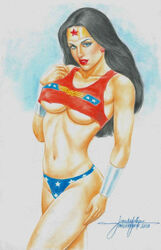 1girls 2013 amazon belly_button big_breasts black_hair blue_eyes blue_panties bracers breasts dated dc dc_comics diana_prince earrings eyeshadow female female_only goddess human jun_de_felipe justice_league long_hair makeup mascara midriff midriff_baring_shirt navel panties pinup red_lips red_lipstick red_shirt red_tank_top shirt signature solo standing star_earrings stomach superheroine tank_top themysciran thighs tiara underboob wonder_woman wonder_woman_(series)